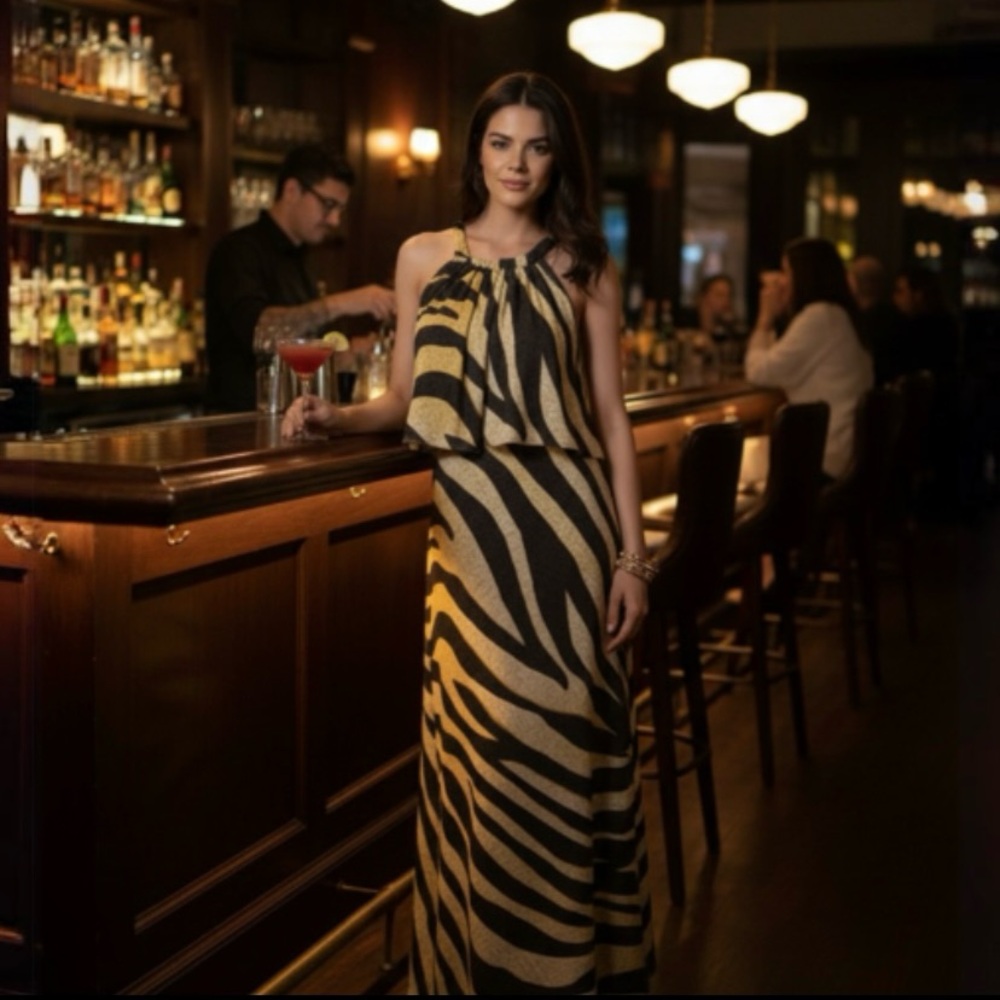 Chico’s Golden Zebra Print Maxi Dress Size 1 - Picture 3 of 15